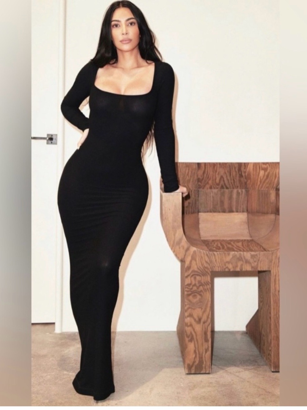 Skims NWT Long Sleeve Square Neck Black Maxi Dress Soft Lounge size Medium